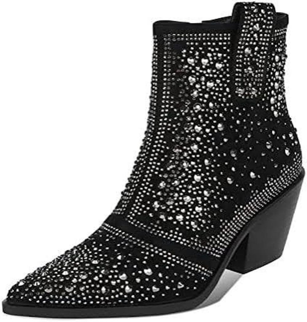 ISNOM Rhinestone Studded Cowboy Boot Black Women's Size 6 36 Shoes COUNTRY